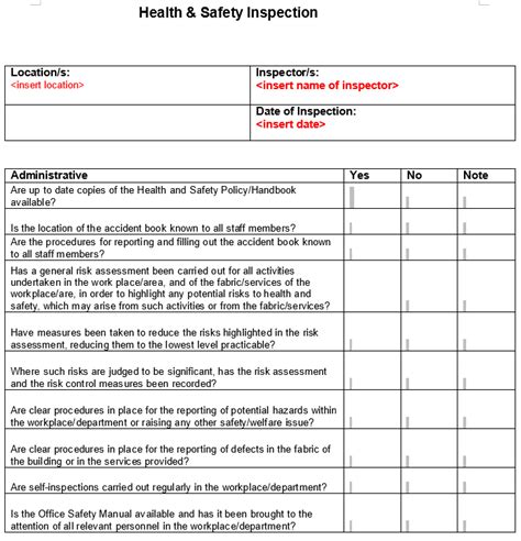 Health Safety Inspection Checklist Actions