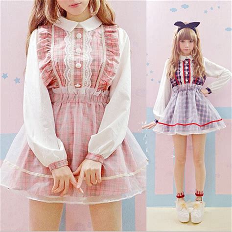 Buy Plaid Lolita Kawaii Clothing Dress Lace Mesh Long