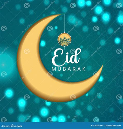 Eid Mubarak Festival Golden Crescent Moon And Lanterns Gold Background