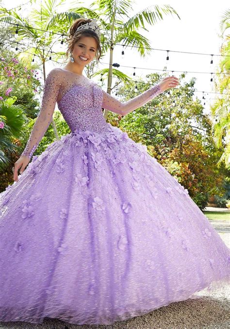 Beautiful young woman dancing on a field of purple flowers. Glitter Net and Floral Applique Quinceañera Dress ...