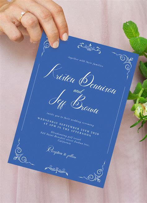 Download Printable Whimsical Scrolls Blue Vintage Wedding Invitation PDF