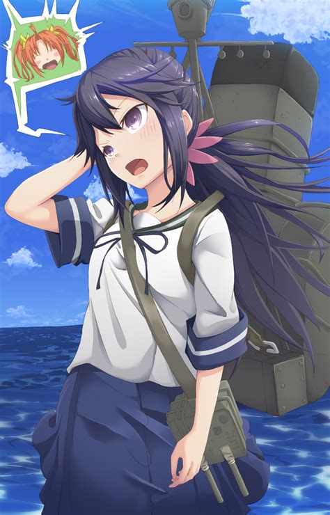 safebooru 2girls akebono kantai collection blouse blue eyes blue skirt blush flower ginsyu