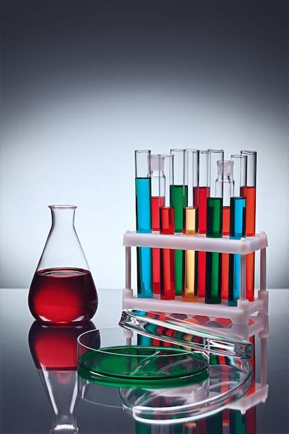 Premium Photo Different Laboratory Glassware With Color Liquids On Table With Reflection