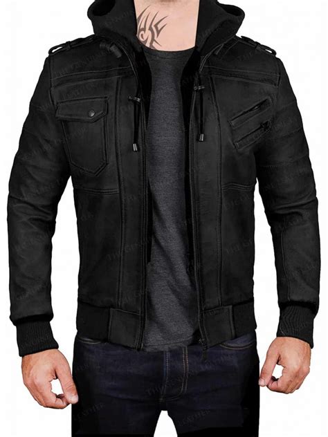 Mens Bomber Hood Removable Leather Jacket Genuine Leather
