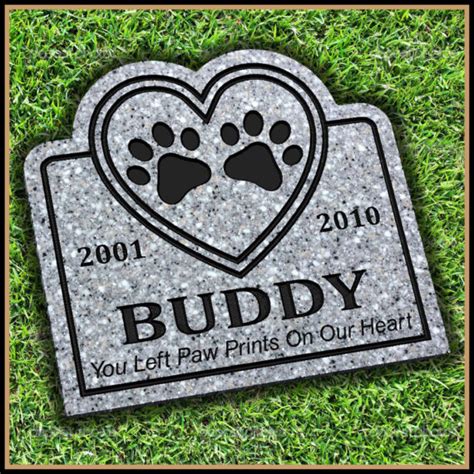 Pet memorial stones, pet headstones, pet grave markers and pet tombstones can be made of engraved rock, engraved granite, bluestone, flagstone or marble with a beautiful passage and our markers can have a remembrance picture attached to remind everyone of the love shared with your. Pet Memorial Grave Marker | Paw Prints on Heart | Dog ...