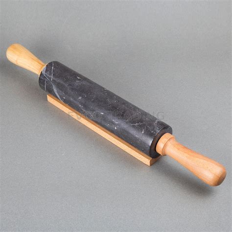 Natural Charcoal Marble Rolling Pin With Deluxe Wood Handles And Cradle