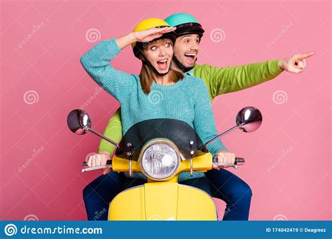 Photo Of Funny Lady Guy Two People Driving Vintage Moped