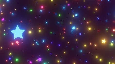 Flying In Field Of Tiny Rotating Rainbow Star Shapes Neon Glow Lights