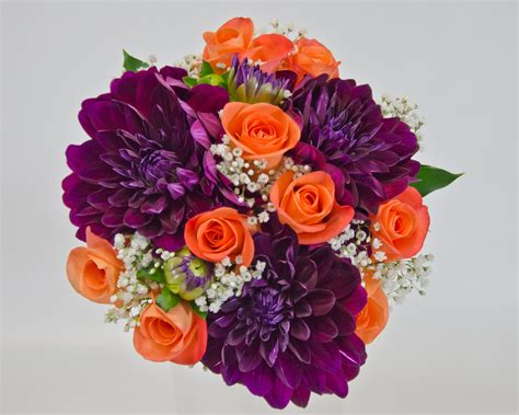 See more ideas about purple wedding, orange wedding, fall wedding. Orange and Purple Bouquet with Dahlias, Roses, and Baby's ...