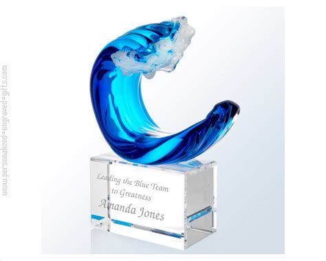Engraved Blue Wave Art Glass Award With Clear Base Glass Art Glass