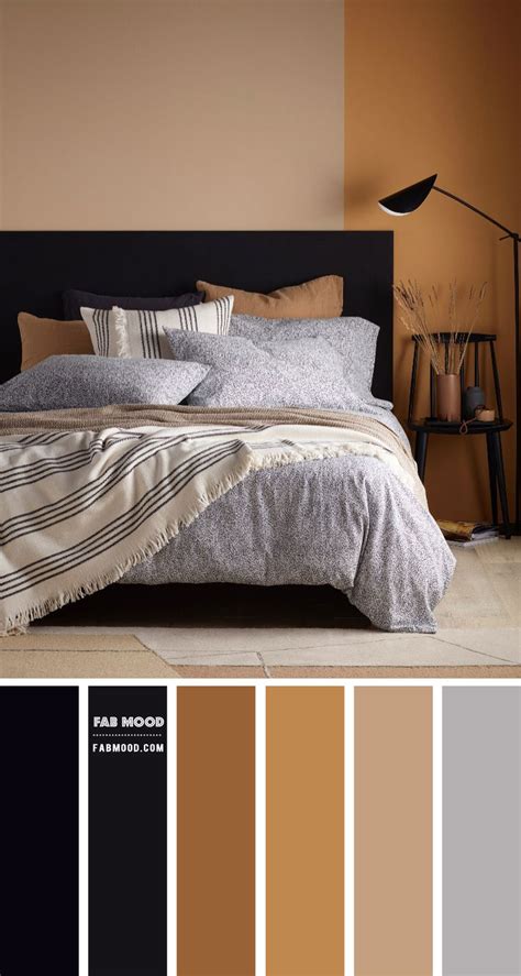 For a more modern touch, the hanging small lights on each side of bed and another two at the entrance do the trick. Black and Earth Tone Bedroom Colour Idea