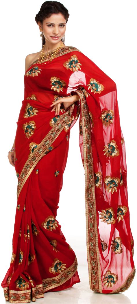 Garnet Red Sari With Large Ari Embroidered Flowers