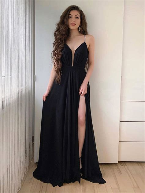 A Line V Neck Black Long Prom Dresses Black V Neck Long Formal Evenin