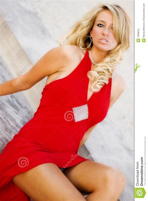 Sexy Girl Blonde In Elegant Red Dress Royalty Free Stock