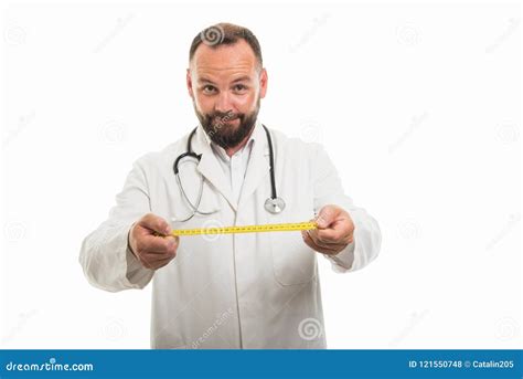 Portrait Of Male Doctor Showing Measuring Tape Stock Photo Image Of