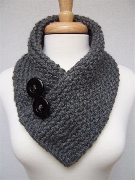 Knitted Scarf Gray Cowl Neck Warmer Buttoned Scarflette