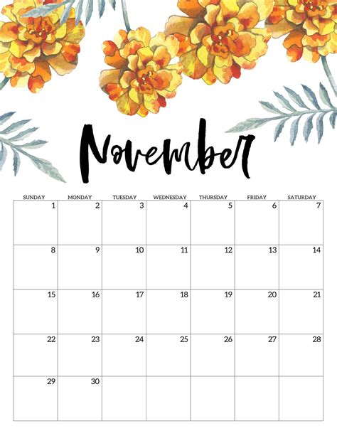 Floral November 2020 Calendar Blank Free Printable Calendar Monthly