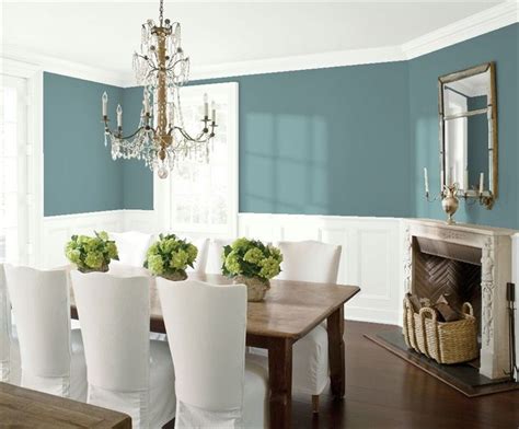 Benjamin moore had little sample bottles of paint and i painted stripes of different colors all over the bathroom. Aegean Teal by Benjamin Moore for one wall of the Dining ...