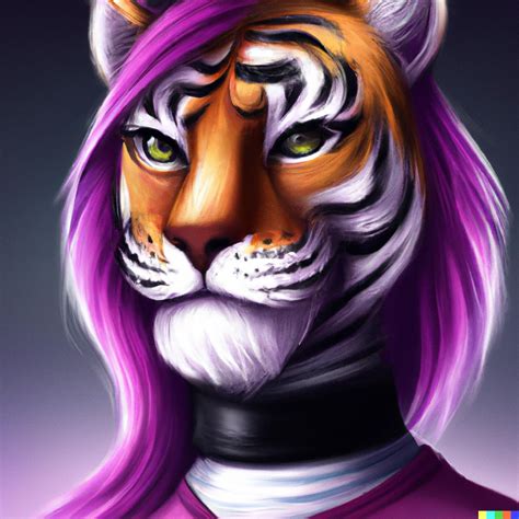 Anthro Female Tiger With A Collar And Purple Hair Dalle Openart