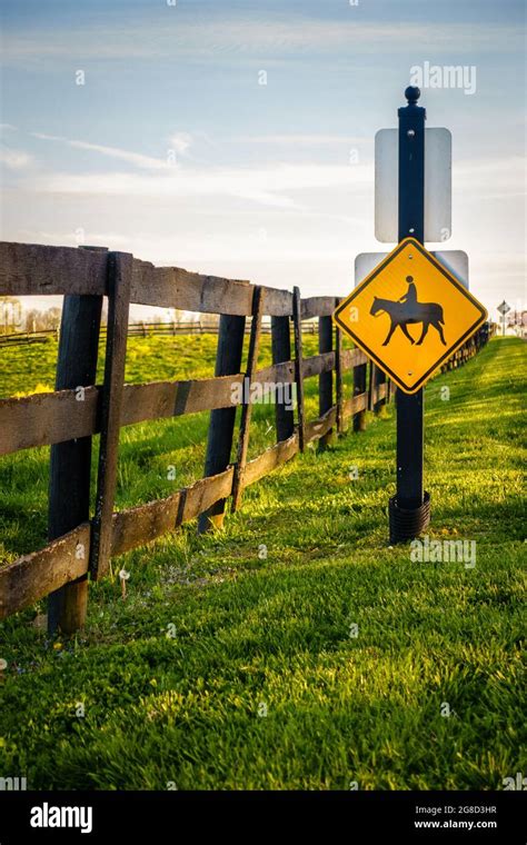 Equestrian Crossing Road Sign By A Horse Farm In Central Kentucky Stock