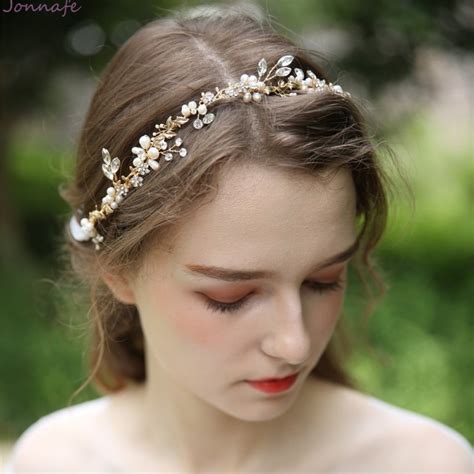 jonnafe hand wired pearls bridal hair jewelry vine gold floral women headpiece wedding headband