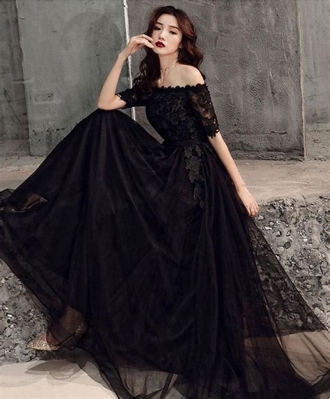 Elegant Black Tulle Lace Long Prom Dress Black Tulle Evening Dress In