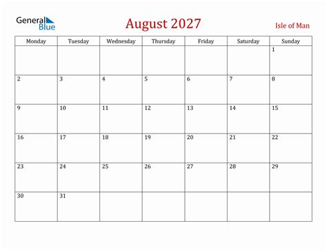 August 2027 Isle Of Man Monthly Calendar With Holidays