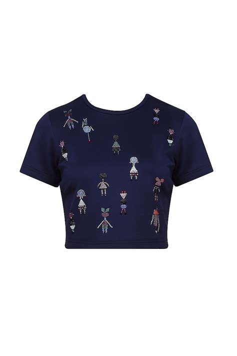 Blue Beads And Crystal Embellished Motifs Top Available Only At Pernia