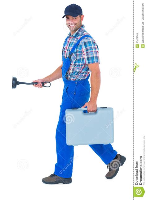 Happy Plumber With Plunger And Toolbox Walking On White Background
