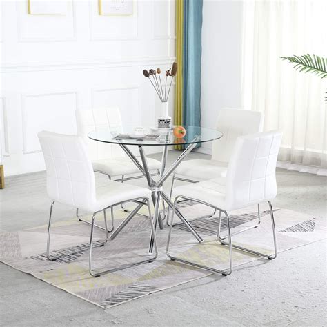 The table is made from tempered glass and silvered iron pipes. 5PCS Round Dining Table Set, Tempered Glass Kitchen Dining ...