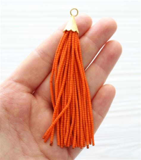 Orange Beaded Tassel Gold Cap Tassel Tassel Pendant Tassels For Jewelry Tribal Tassel