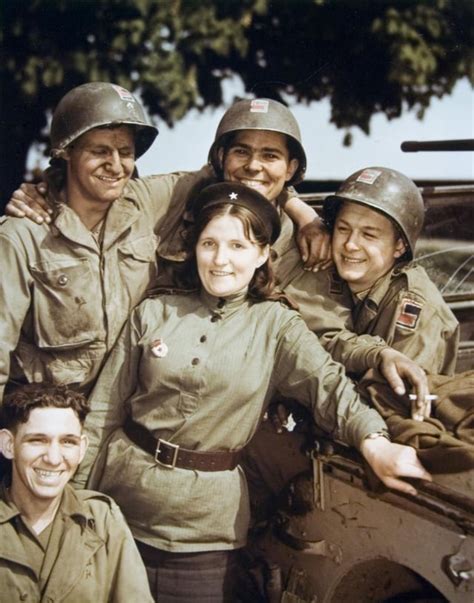 female soviet soldier and american soldiers meet in torgau germany april 25 1945 r wwiipics