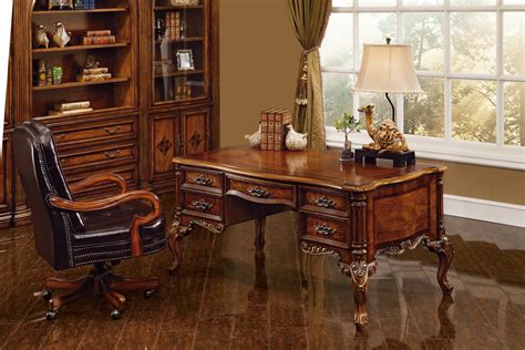 60 x 30 x 24.5 t to 49.5 t. Executive Desk ( Antique Walnut w/ Gold Accent Finish ...