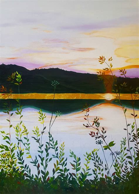 Landscape Painting Sunset On The Lake Acrylic Painting Original
