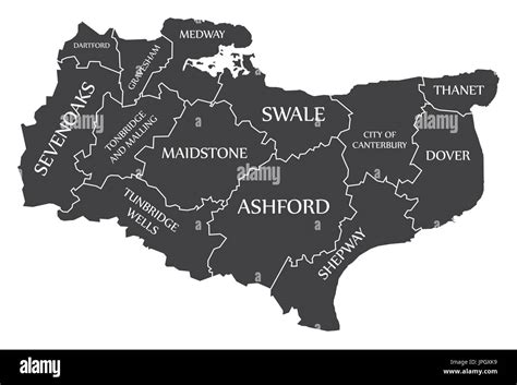 El condado de Kent England UK black mapa con etiquetas blancas ilustración Imagen Vector de