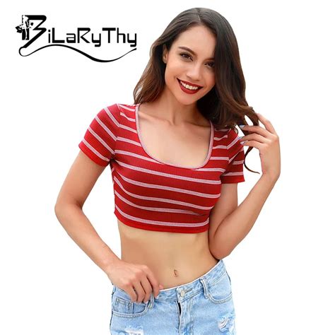 Bilarythy Fashion Womens Striped Crop Top T Shirt Short Sleeve Tight T Shirts New Summer T