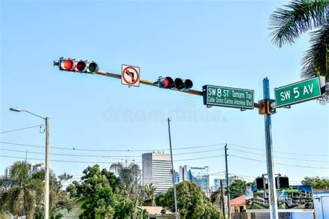 Traffic Light Street Sign With Blue Sky Miami City Florida Usa