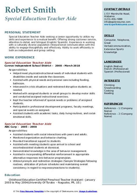 Special Education Teacher Aide Resume Samples Qwikresume