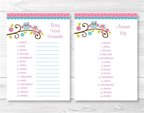 Pink Owl Baby Word Scramble Baby Shower Game Instant