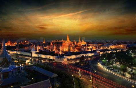 Wat Phra Kaew At Night And Street Bangkok Thailand Stock Image