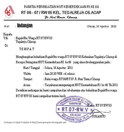 Undangan pagelaran seni dibuat oleh panitia gelar budaya dan ditujukan kepada organisasi atau individu yang dimohon kehadirannya untuk berpartisipasi di acara tersebut. Contoh Undangan Pembentukan Panitia Hut Ri - Contoh Isi Undangan