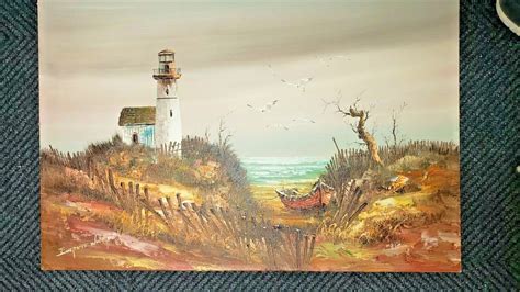 Vintage Large Everett Woodson Oil On Canvas Seascape With Lighthouse