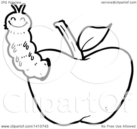 Clipart Of A Cartoon Black And White Lineart Worm In An Apple Royalty