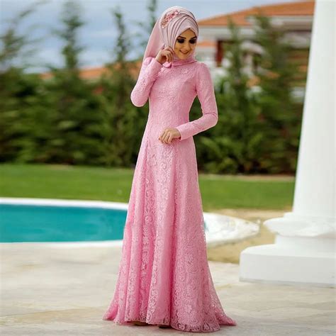 Pink Lace Long Sleeve Mermaid Muslim Evening Dresses 2017 Hijab Islamic