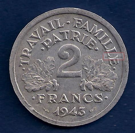 Vichy France 2 Francs 1943 Vintage Nazi Germany Occupation Ww2 Coin