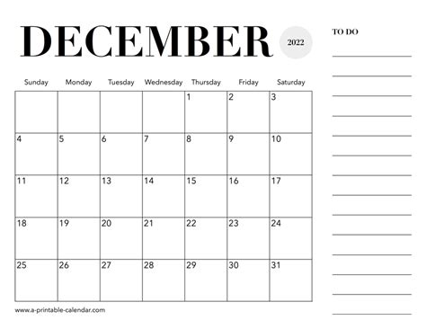 2022 Calendar December A Printable Calendar