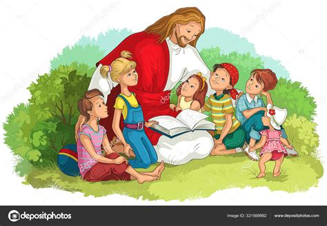 Jesus Liest Die Bibel Mit Kindern Isoliert Auf Weiß Vektor