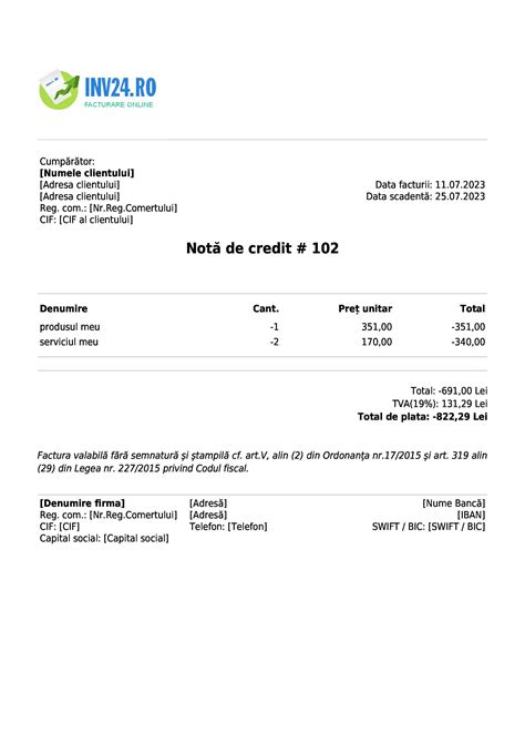 Emitere Notă de Credit Online Gratuit (PDF)