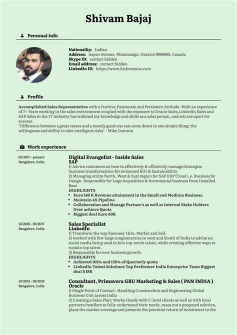 A strong hotel manager resume sample emphasizes leadership, previous managerial experience, organization, problem solving abilities, customer service orientation, and teamwork. Inside Sales Manager Resume Template | Kickresume