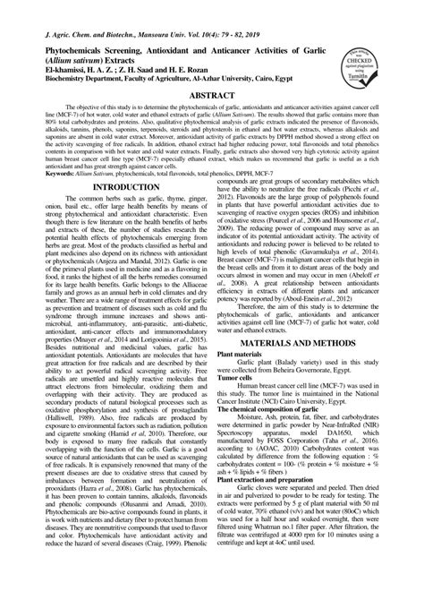 pdf phytochemicals screening antioxidant and anticancer activities of garlic allium sativum